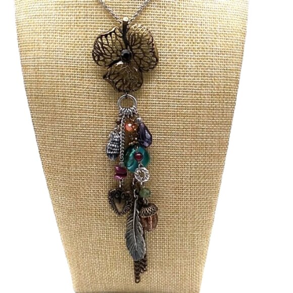 M&S Long Boho Charm Necklace Mixed Metals Colorful Beads Nature-Inspired Dangles - Picture 16 of 16